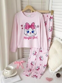 SHEIN 兒童青少年女孩可愛印花針織套頭上衣家居睡衣套裝，買1送1，舒適休閒日常修身貼身款 - 淺粉色 - 查看 10