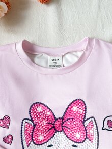 SHEIN 兒童青少年女孩可愛印花針織套頭上衣家居睡衣套裝，買1送1，舒適休閒日常修身貼身款 - 淺粉色 - 查看 5