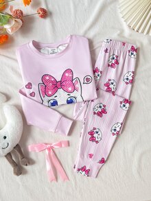 SHEIN 兒童青少年女孩可愛印花針織套頭上衣家居睡衣套裝，買1送1，舒適休閒日常修身貼身款 - 淺粉色 - 查看 7