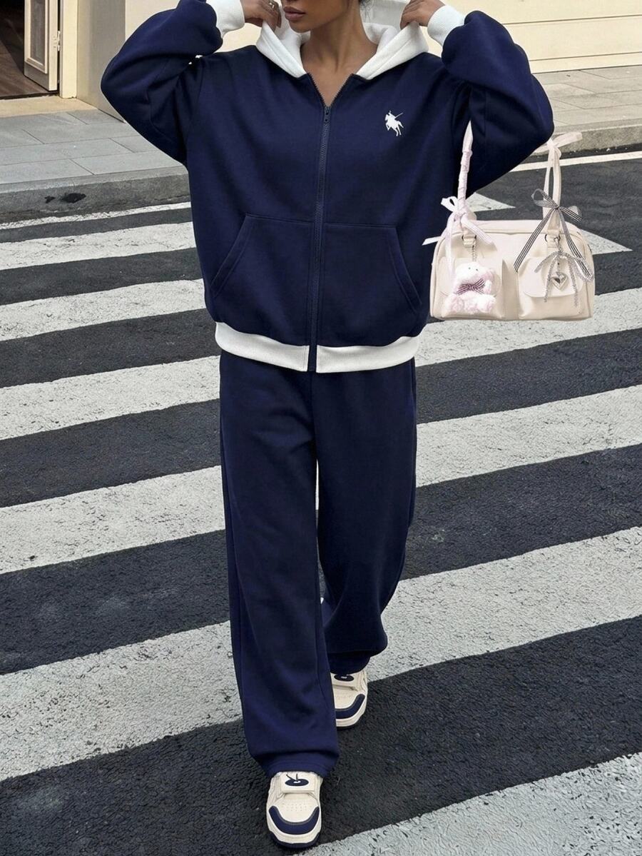 SHEIN 青少年女孩秋季套裝 海軍藍白色馬標誌拉鍊連帽配色夾克外套附口袋與寬腿運動長褲 2件組,連帽衫套裝冬季 - 寶藍色 - 查看 1
