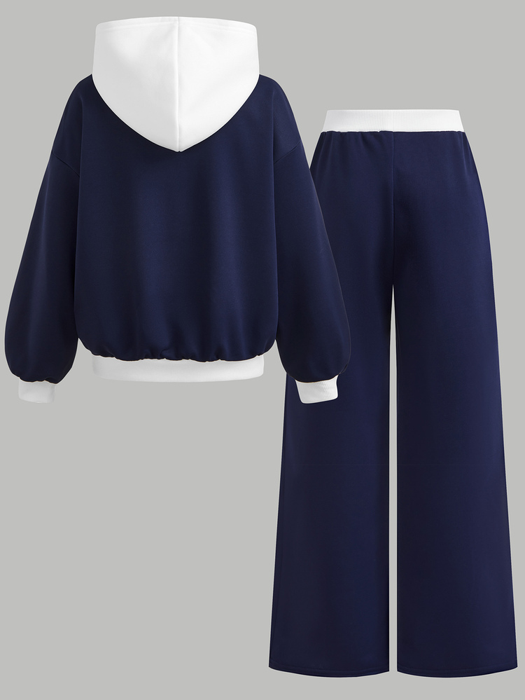 SHEIN Tween Girl Fall Outfits Navy White Horse Logo Zip-Up Colorblock Hoodie Jacket With Pockets & Wide Leg Sweatpants 2pcs Set, Hoodies Co-Ords Winter - Royal Blue - View 2