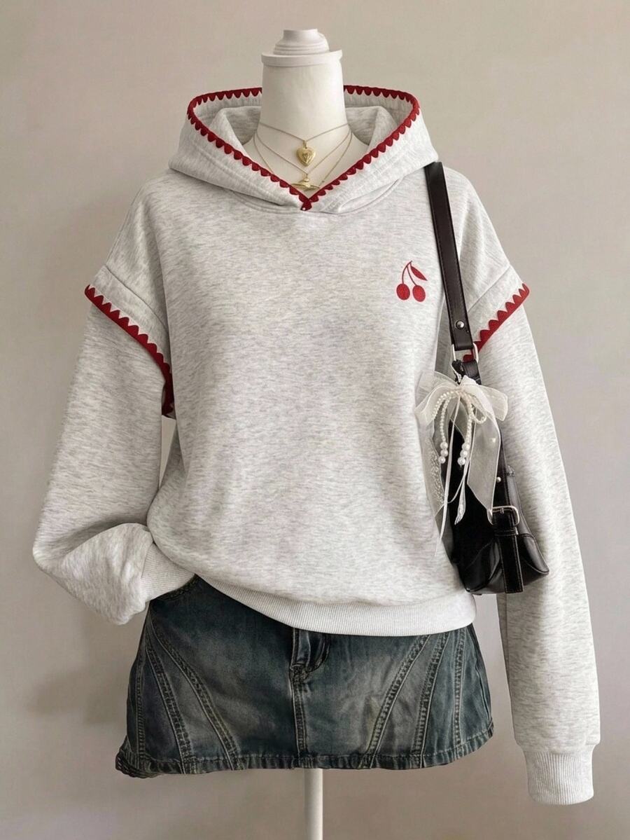 SHEIN 青少年女孩灰色長袖連帽冬季運動衫,櫻桃標誌紅色滾邊羅紋袖口,休閒秋季上衣秋裝舒適落肩套頭衫 - 淺灰色 - 查看 1