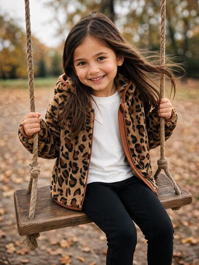 SHEIN Kids Young Girl Girl Warm Young Girl Chic Cute Everyday Casual Leopard Plush Bear Ear Hooded Winter Jacket Suitable For Outdoor