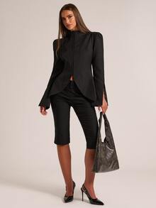 SHEIN BAE Black A Line Peplum Blazer For Women Fall 2026 Elegant Designer Waist Defining Long Sleeve Jacket For Office Night Out Dinner Cocktail Party Holiday - Black - View 6