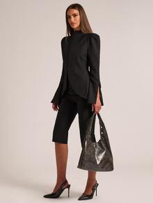 SHEIN BAE Black A Line Peplum Blazer For Women Fall 2026 Elegant Designer Waist Defining Long Sleeve Jacket For Office Night Out Dinner Cocktail Party Holiday - Black - View 3