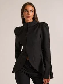 SHEIN BAE Black A Line Peplum Blazer For Women Fall 2026 Elegant Designer Waist Defining Long Sleeve Jacket For Office Night Out Dinner Cocktail Party Holiday - Black - View 1