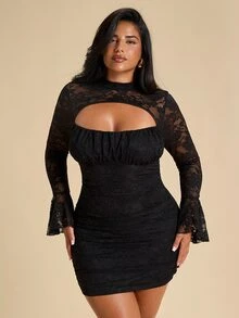 SHEIN BAE CURVE Plus Size Autumn/Winter Solid Black Cut-Out Long Sleeve Lace Patchwork Club Going Out Party Fitted Elegant Goth Sexy Mini Dress Chic Evening Halloween - Black - View 7