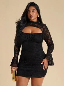 SHEIN BAE CURVE Plus Size Autumn/Winter Solid Black Cut-Out Long Sleeve Lace Patchwork Club Going Out Party Fitted Elegant Goth Sexy Mini Dress Chic Evening Halloween - Black - View 5