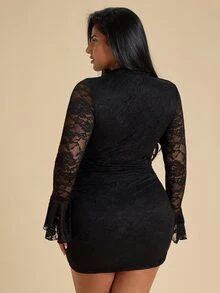 SHEIN BAE CURVE Plus Size Autumn/Winter Solid Black Cut-Out Long Sleeve Lace Patchwork Club Going Out Party Fitted Elegant Goth Sexy Mini Dress Chic Evening Halloween - Black - View 6