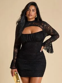 SHEIN BAE CURVE Plus Size Autumn/Winter Solid Black Cut-Out Long Sleeve Lace Patchwork Club Going Out Party Fitted Elegant Goth Sexy Mini Dress Chic Evening Halloween - Black - View 9