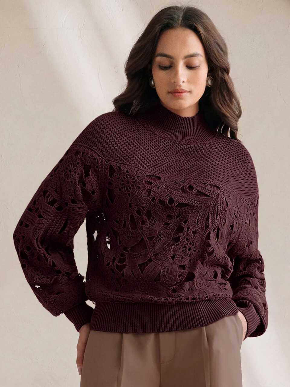 Anewsta Patchwork Hollow Floral High Neck Lantern Sleeve Women's Winter Knit Sweater, Women's Pullover Knit Sweater, Autumn/Winter Women's Floral Top