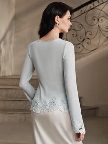 Anewsta Spring/Autumn New Elegant Versatile Exquisite Lace Patchwork Collar With Bead & Rhinestone Decor Solid Light Blue Round Neck Flared Long Sleeve Slim Fit Women's Top - Baby Blue - View 7