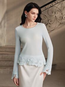 Anewsta Spring/Autumn New Elegant Versatile Exquisite Lace Patchwork Collar With Bead & Rhinestone Decor Solid Light Blue Round Neck Flared Long Sleeve Slim Fit Women's Top - Baby Blue - View 6