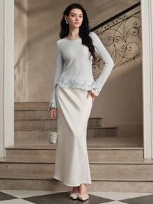 Anewsta Spring/Autumn New Elegant Versatile Exquisite Lace Patchwork Collar With Bead & Rhinestone Decor Solid Light Blue Round Neck Flared Long Sleeve Slim Fit Women's Top - Baby Blue - View 5