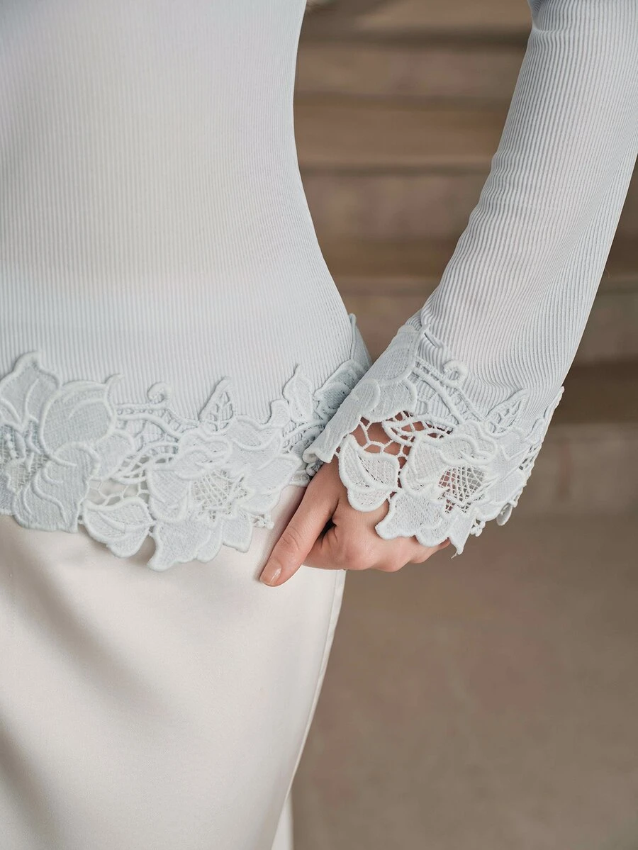 Anewsta Spring/Autumn New Elegant Versatile Exquisite Lace Patchwork Collar With Bead & Rhinestone Decor Solid Light Blue Round Neck Flared Long Sleeve Slim Fit Women's Top - Baby Blue - View 1