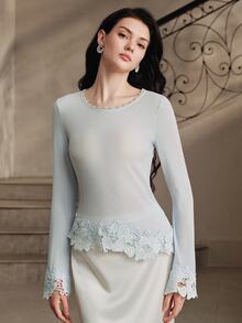 Anewsta Spring/Autumn New Elegant Versatile Exquisite Lace Patchwork Collar With Bead & Rhinestone Decor Solid Light Blue Round Neck Flared Long Sleeve Slim Fit Women's Top - Baby Blue - View 3