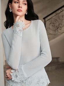 Anewsta Spring/Autumn New Elegant Versatile Exquisite Lace Patchwork Collar With Bead & Rhinestone Decor Solid Light Blue Round Neck Flared Long Sleeve Slim Fit Women's Top - Baby Blue - View 2