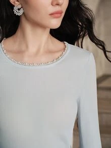 Anewsta Spring/Autumn New Elegant Versatile Exquisite Lace Patchwork Collar With Bead & Rhinestone Decor Solid Light Blue Round Neck Flared Long Sleeve Slim Fit Women's Top - Baby Blue - View 4
