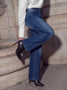 Anewsta Slim Fit Curved Leg Jeans, Spring/Autumn New Curved Banana Denim Pants, Creative Cut Design, Daily Vintage Street Style, Versatile All-Season Wear, Washed Blue Denim - Blue - View 1