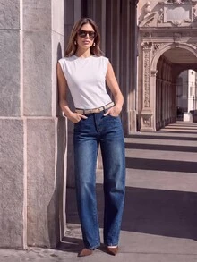 Anewsta Slim Fit Curved Leg Jeans, Spring/Autumn New Curved Banana Denim Pants, Creative Cut Design, Daily Vintage Street Style, Versatile All-Season Wear, Washed Blue Denim - Blue - View 3
