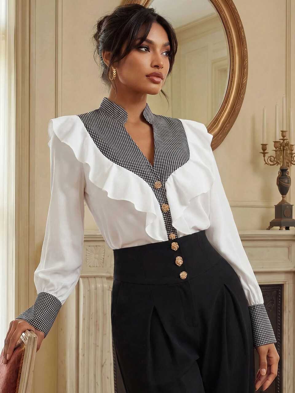 Women's Elegant All-Season Light Luxury V-Neck Small Stand Collar Black & White Plaid Contrast Color Ruffle White Shirt, Suitable For Commuting, Dates And Parties