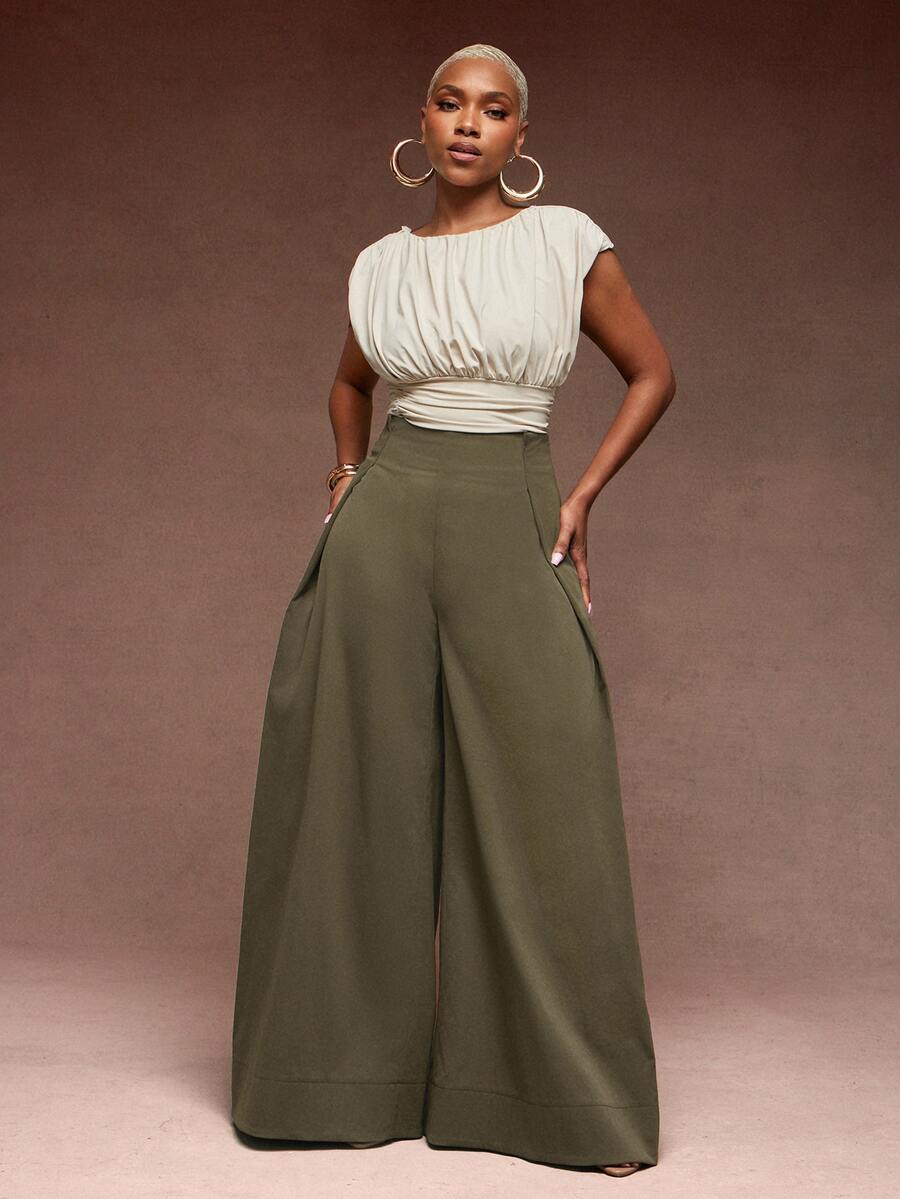 Vixey Solid Woven High Waist Pleated Wide Leg Pants - Olive Green - View 1