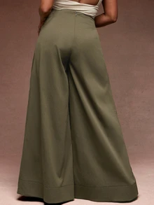 Vixey Solid Woven High Waist Pleated Wide Leg Pants - Olive Green - View 5