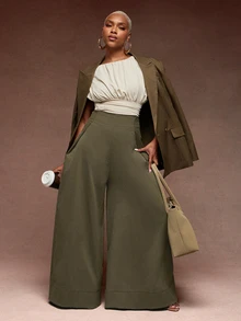 Vixey Solid Woven High Waist Pleated Wide Leg Pants - Olive Green - View 3