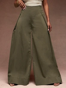 Vixey Solid Woven High Waist Pleated Wide Leg Pants - Olive Green - View 2