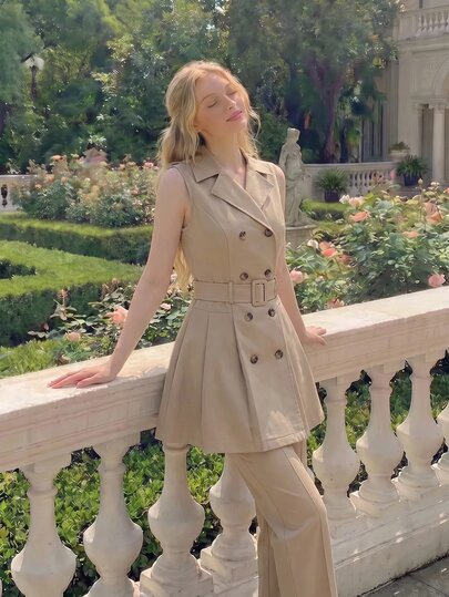 SHEIN MOD Áo vest trench coat nữ không tay màu be, hai hàng cúc, có thắt lưng, dáng ôm vừa, chiều dài trung bình, phong cách thanh lịch cho văn phòng, mùa thu, Ngày Nhà giáo