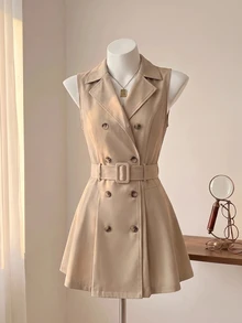 SHEIN MOD 女款無袖雙排扣卡其色風衣背心，附腰帶，中長版修身夾克，教師節、辦公室、下午茶、晚宴、秋季優雅穿搭 - 卡其色 - 查看 6