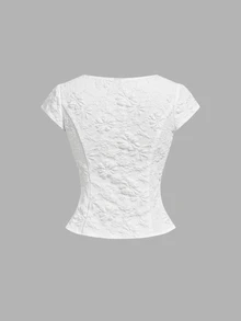 SHEIN MOD 女款拿破崙花卉方領短袖短版白色甜美優雅法式商務襯衫，適合辦公室、早午餐、茶會、萬聖節裝扮、校園、夏季 - 白色 - 查看 5