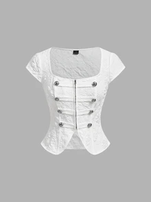 SHEIN MOD 女款拿破崙花卉方領短袖短版白色甜美優雅法式商務襯衫，適合辦公室、早午餐、茶會、萬聖節裝扮、校園、夏季 - 白色 - 查看 2