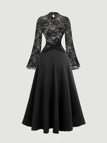 SHEIN MOD 女士黑色蕾丝拼布连衣裙 - 黑色 - 查看 2