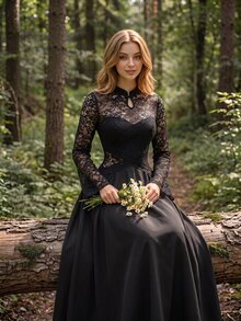 SHEIN MOD 女士黑色蕾丝拼布连衣裙 - 黑色 - 查看 1