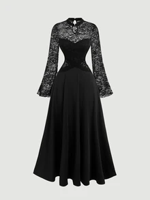 SHEIN MOD 女士黑色蕾丝拼布连衣裙 - 黑色 - 查看 5