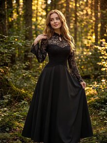 SHEIN MOD 女士黑色蕾丝拼布连衣裙 - 黑色 - 查看 6
