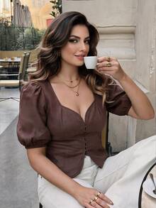 Auveirra Women's Plus-Size Brown Spring Top, Puff Sleeve Blouse, Suitable For Office Wear And Everyday Commuting. - Brown - View 4