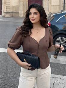 Auveirra Women's Plus-Size Brown Spring Top, Puff Sleeve Blouse, Suitable For Office Wear And Everyday Commuting. - Brown - View 3