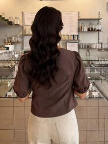 Auveirra Women's Plus-Size Brown Spring Top, Puff Sleeve Blouse, Suitable For Office Wear And Everyday Commuting. - Brown - View 2