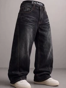 GETOML Men's Clothes ,Rapper Athleisure Grunge Washed Straight Loose Wide-Leg Casual Jeans,Back To School Suitable For All Seasons,Y2K,Streetwear - Black - View 2