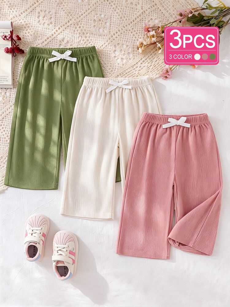 3pcs/Set Pink Brown Black Long Pants For Toddlers, Suitable For Autumn/Winter Daily Wear, Comfortable Outfit. Bowknot Elastic Waistband. Solid Color Corduroy Fabric. Multi-Color, High Cost-Performance - Multicolor - View 1