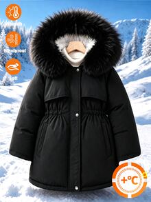 SHEIN Elladie kids 青少年女孩毛皮飾邊連帽派克夾克 抓絨內裡彈性腰圍冬季保暖外套 學生款 黑白簡約圖案 - 黑色 - 查看 6