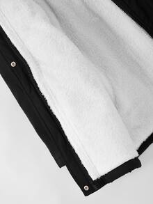 SHEIN Elladie kids 青少年女孩毛皮飾邊連帽派克夾克 抓絨內裡彈性腰圍冬季保暖外套 學生款 黑白簡約圖案 - 黑色 - 查看 8