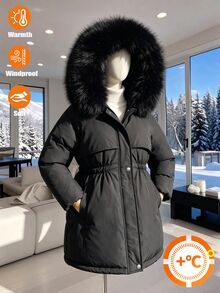 SHEIN Elladie kids 青少年女孩毛皮飾邊連帽派克夾克 抓絨內裡彈性腰圍冬季保暖外套 學生款 黑白簡約圖案 - 黑色 - 查看 4
