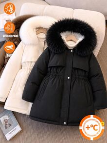 SHEIN Elladie kids 青少年女孩毛皮飾邊連帽派克夾克 抓絨內裡彈性腰圍冬季保暖外套 學生款 黑白簡約圖案 - 黑色 - 查看 5
