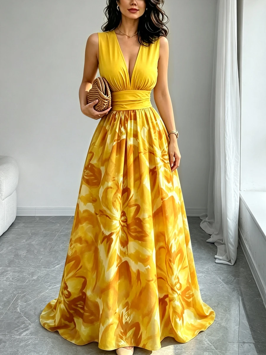 Selianne New Sleeveless Woven Printed Back Waist Gathered Design Elegant Vacation Style Versatile Women's Long Dress - Yellow - View 1