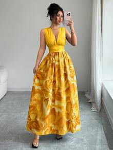 Selianne New Sleeveless Woven Printed Back Waist Gathered Design Elegant Vacation Style Versatile Women's Long Dress - Yellow - View 3