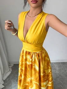 Selianne New Sleeveless Woven Printed Back Waist Gathered Design Elegant Vacation Style Versatile Women's Long Dress - Yellow - View 4