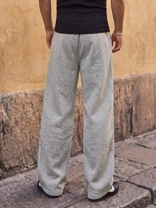 Ocevento 男士純色淺灰色抽繩運動長褲，鬆緊腰頭，直筒寬腿，寬鬆版型，柔軟透氣輕量休閒慢跑褲，街頭風 - 灰色 - 查看 2